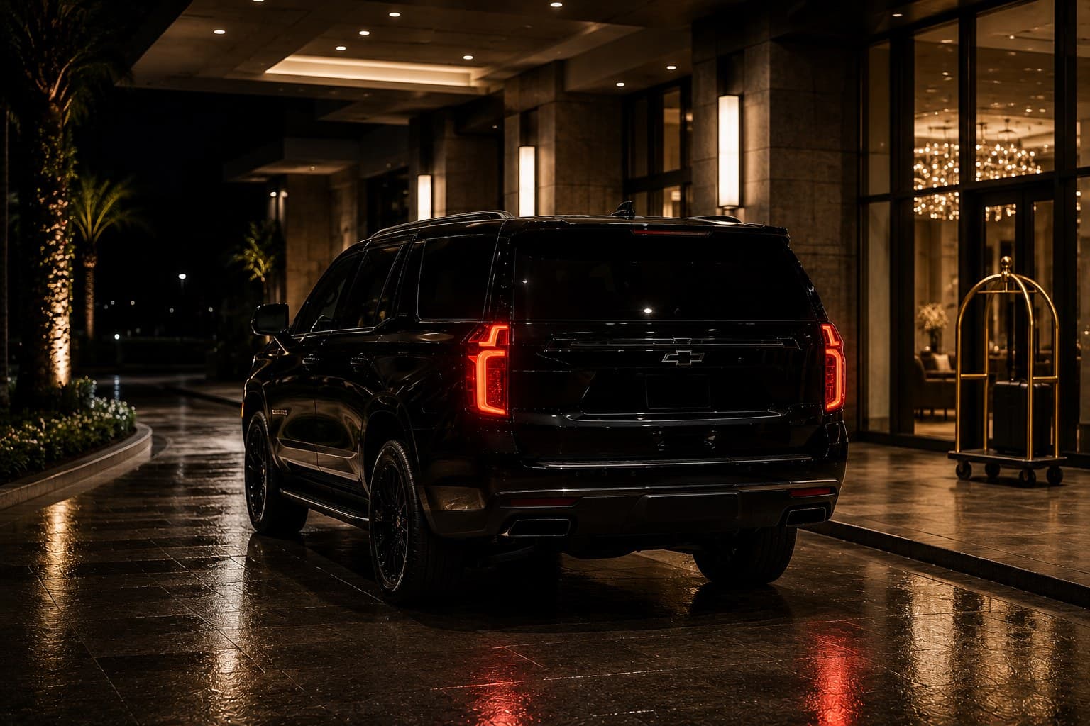 Opulent Chevrolet Suburban parked under a South Florida hotel porte-cochère at night